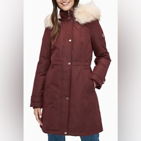 Kate Spade Maroon Down Winter Puffer Coat Jacket Fur Hood XL - Picture 3 of 5